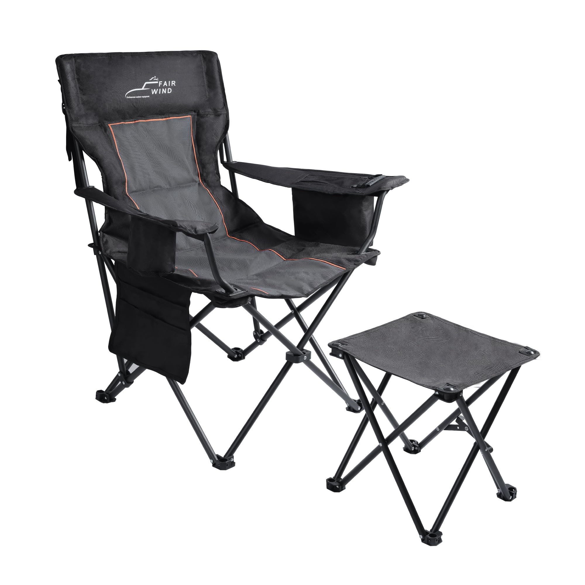 FAIR WIND Oversized Padded Camping Chair with Footrest Stool Set Heavy Duty Support 300 LBS Cooler Bag - Black