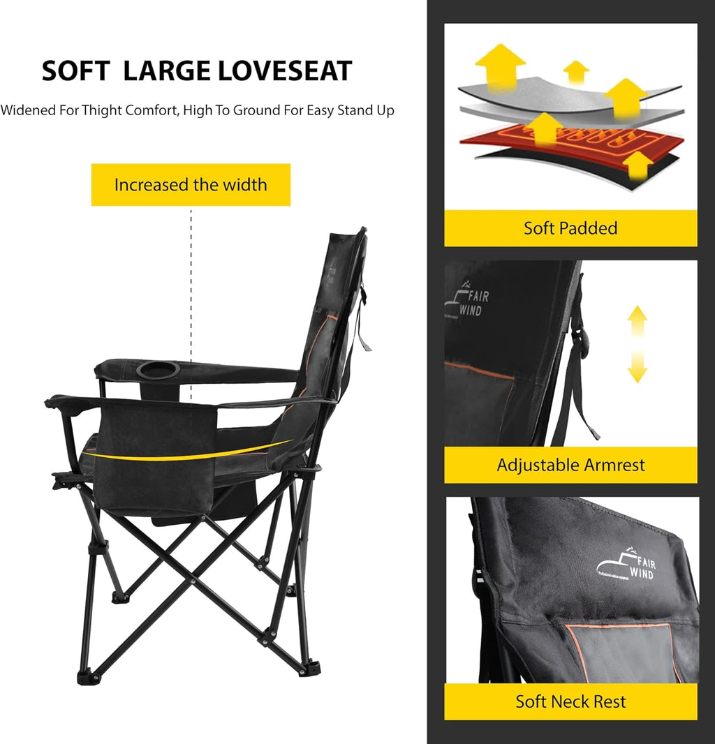 FAIR WIND Oversized Padded Camping Chair with Footrest Stool Set Heavy Duty Support 300 LBS Cooler Bag - Black