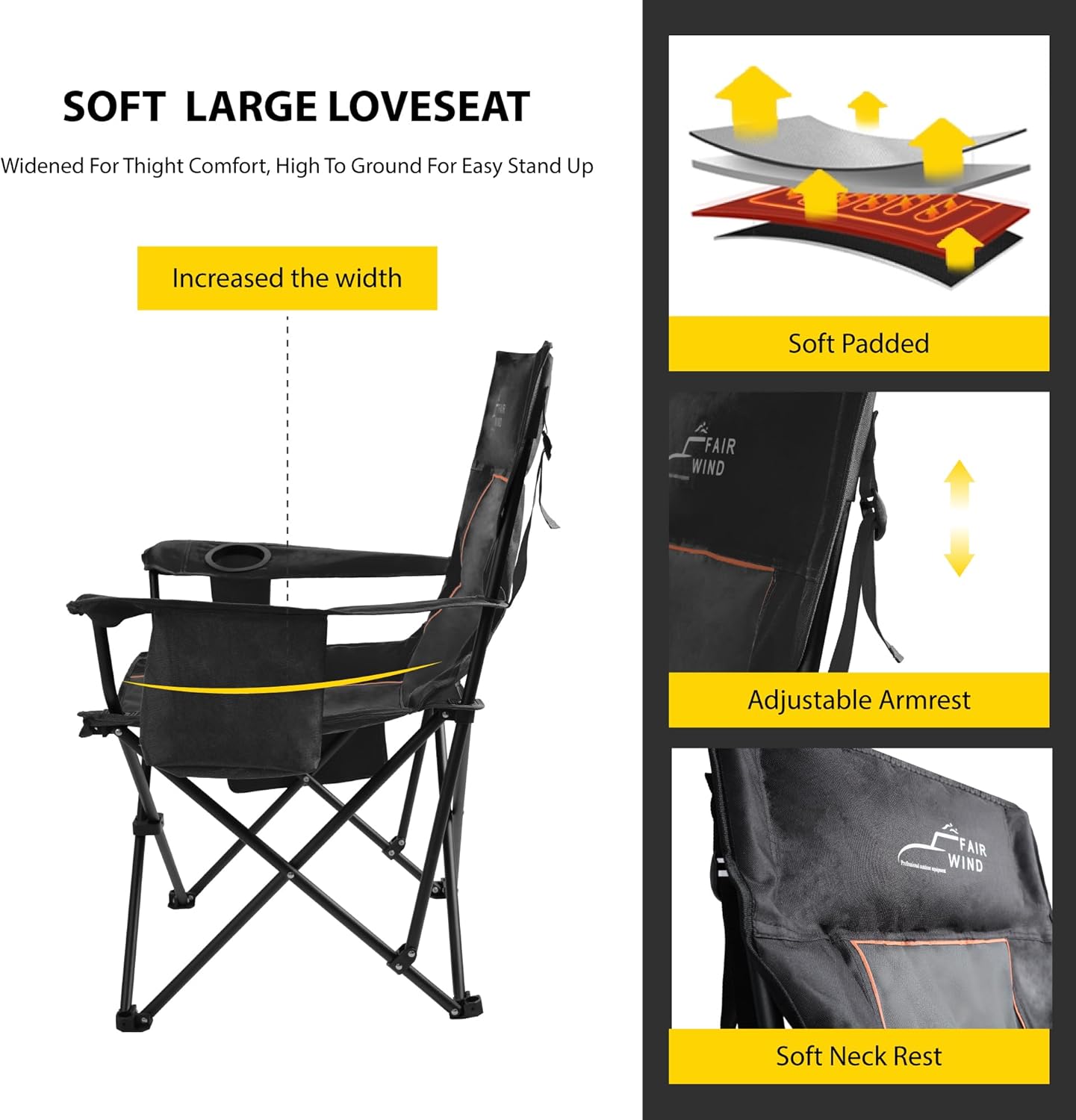 FAIR WIND Oversized Padded Camping Chair with Footrest Stool Set Heavy Duty Support 300 LBS Cooler Bag - Black