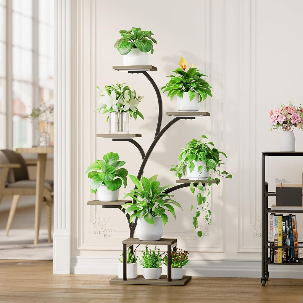BACEKOLL Plant Stand Indoor with Grow Lights, 7 Tiered Indoor Plant Shelf, 49" Corner Plant Stands for Indoor Plants, Metal Plant Flower Display Shelf, Tree-Shaped Plant Rack for Home, Patio, Grey