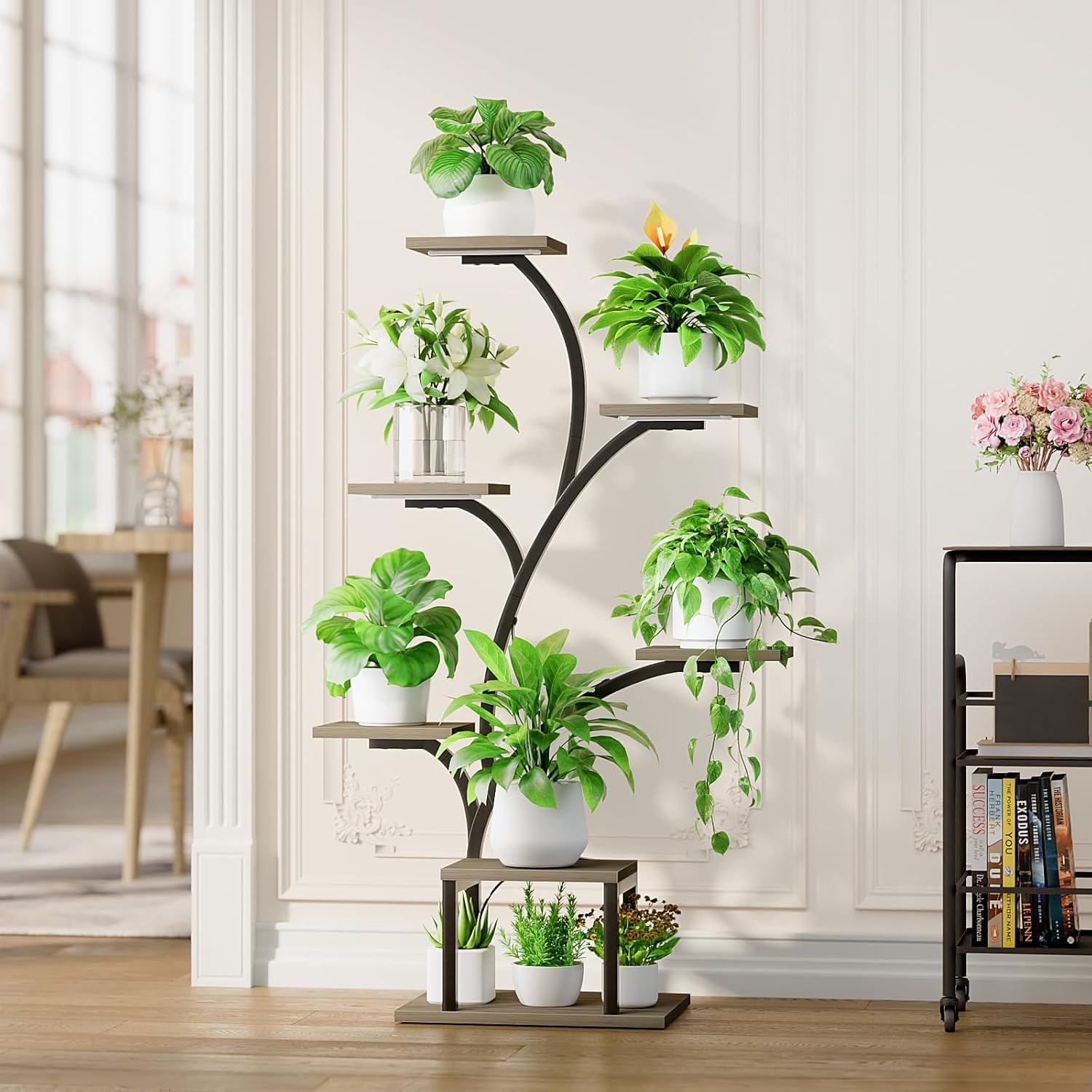 BACEKOLL Plant Stand Indoor with Grow Lights, 7 Tiered Indoor Plant Shelf, 49" Corner Plant Stands for Indoor Plants, Metal Plant Flower Display Shelf, Tree-Shaped Plant Rack for Home, Patio, Grey