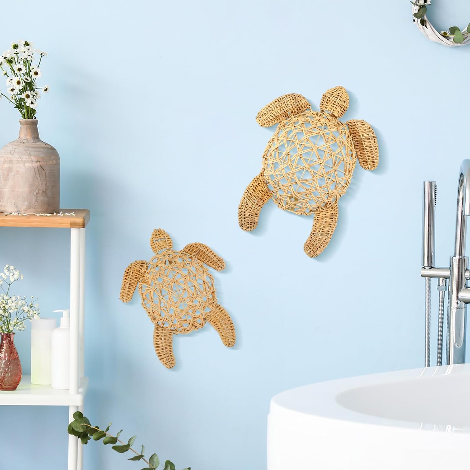 Yousoontic 2 Pcs Semi Stereo Wicker Sea Turtle Wall Decor Coastal Beach Boho Handmade Wicker 2 Size Boho Sea Turtle Hanging Ornaments Rattan Coastal Nautical Sculpture for Bathroom Indoor Outdoor Home