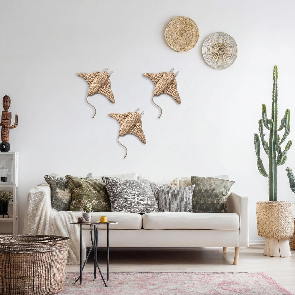 Xuhal 3 Pcs Wicker Sea Wall Decor Large Manta Ray Hanging Decor 12 Inch Handmade Coastal Wall Art for Underwater World Wicker Nautical Sculpture Beach Ocean Boho Bathroom Indoor Outdoor Ornament