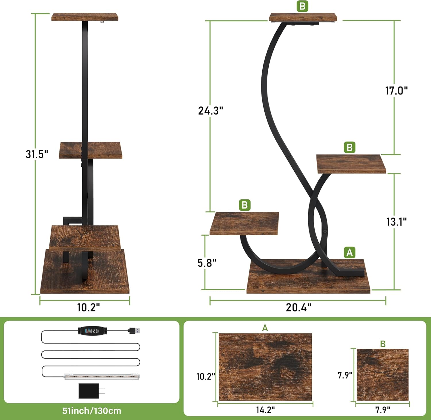 BACEKOLL Plant Stand Indoor with Grow Lights - S-Shaped Plant Shelf, Lighted Corner Plant Stands for Indoor Growing, 32" Metal Flower Holder, 4 Tiered Decorative Shelves for Home, Hallway, Black
