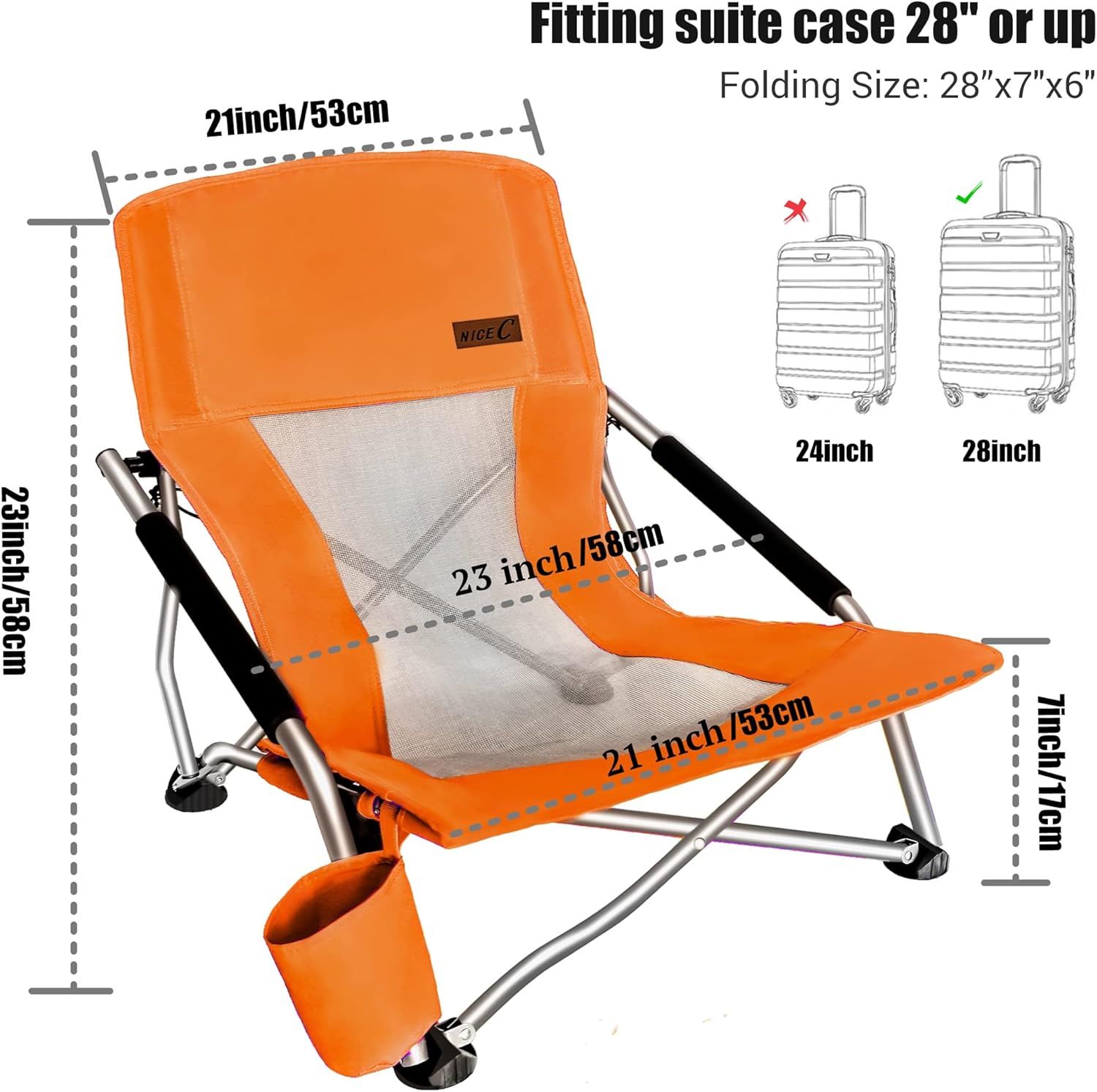 Nice C Low Beach Camping Folding Chair, Compact Backpacking River Sand Chair,Sillas De Playa, with Cup Holder, Carry Bag, Heavy Duty Outdoor, Camping, Beach, Travel, Picnic, Festival (2 Pack Orange)