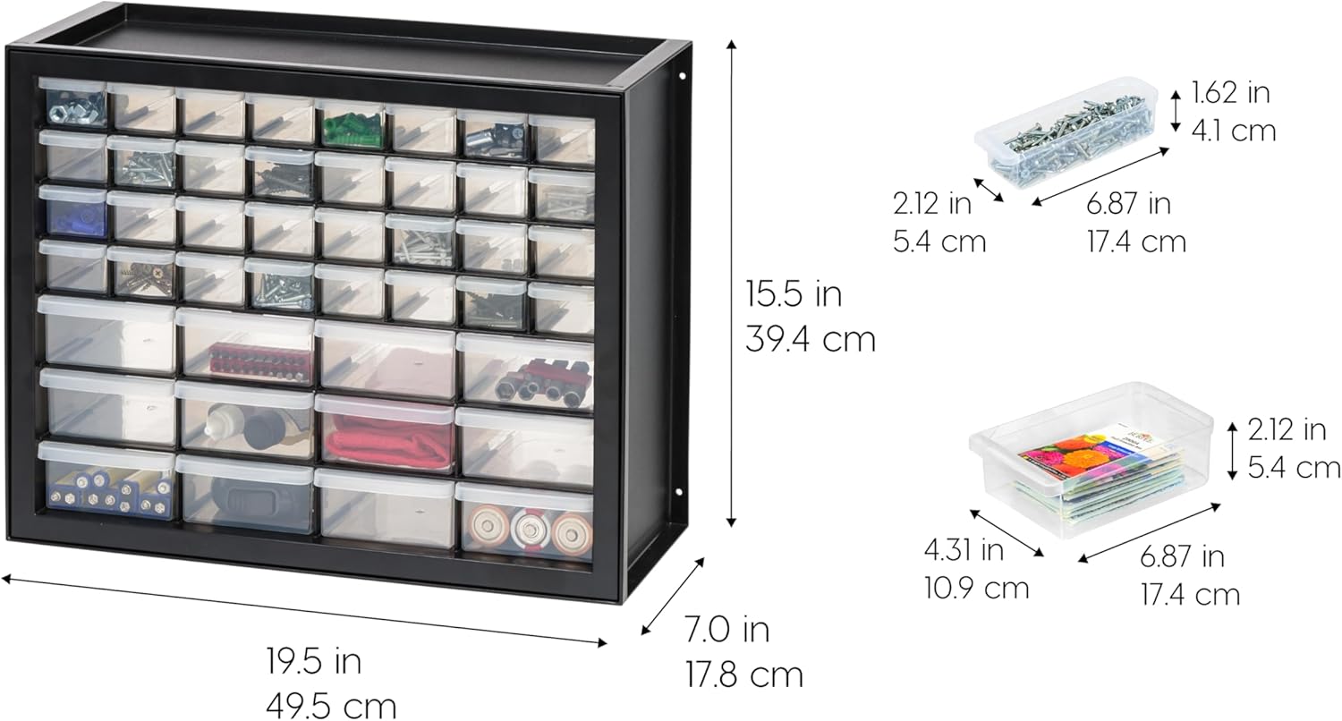 IRIS USA 44-Drawer Small Parts Organizer, Made in USA, Storage Drawers for Screws, Nuts, Bolts, Electronics, Hardware, Beads, Crafts, Building Bricks, Stackable Garage Storage Cabinet, Black