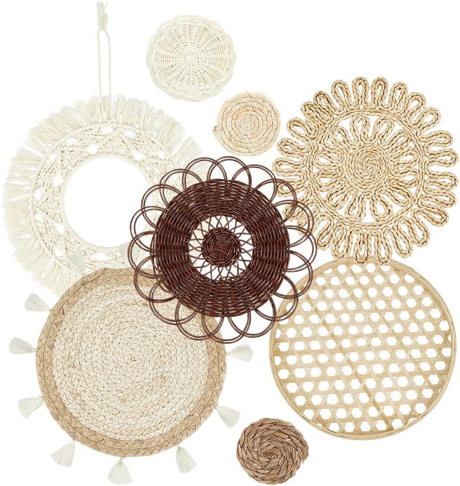 PH PandaHall Set of 8 Boho Wall Basket Decor, Woven Rattan Hanging Baskets Flat Round Handmade Rustic Wall Art Set for Living Room Bedroom Office Kitchen Hotel Wedding Party Decoration, 4.3-15.5inch