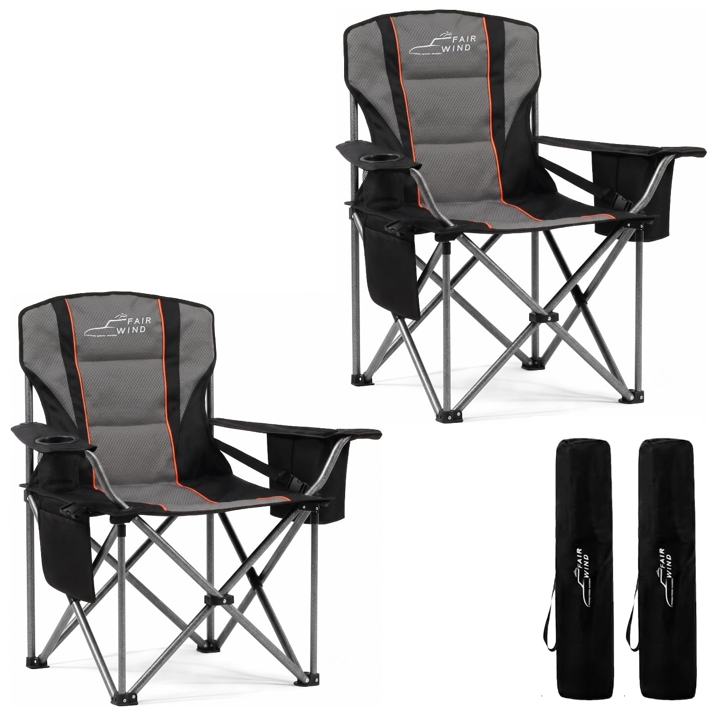 FAIR WIND Oversized Padded Camping Chair with Footrest Stool Set Heavy Duty Support 300 LBS Cooler Bag - Black