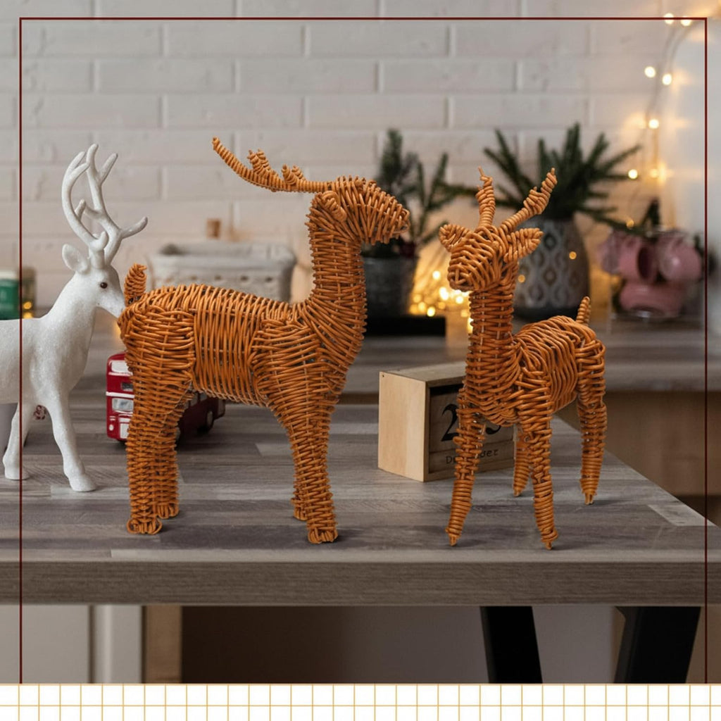 Bucherry 2 Pcs Rattan Woven Christmas Reindeer Decor Brown Christmas Tabletop Deer Statue Centerpiece Ornaments for Farmhouse Mantel Fireplace Living Room Bedroom Outdoor Decor