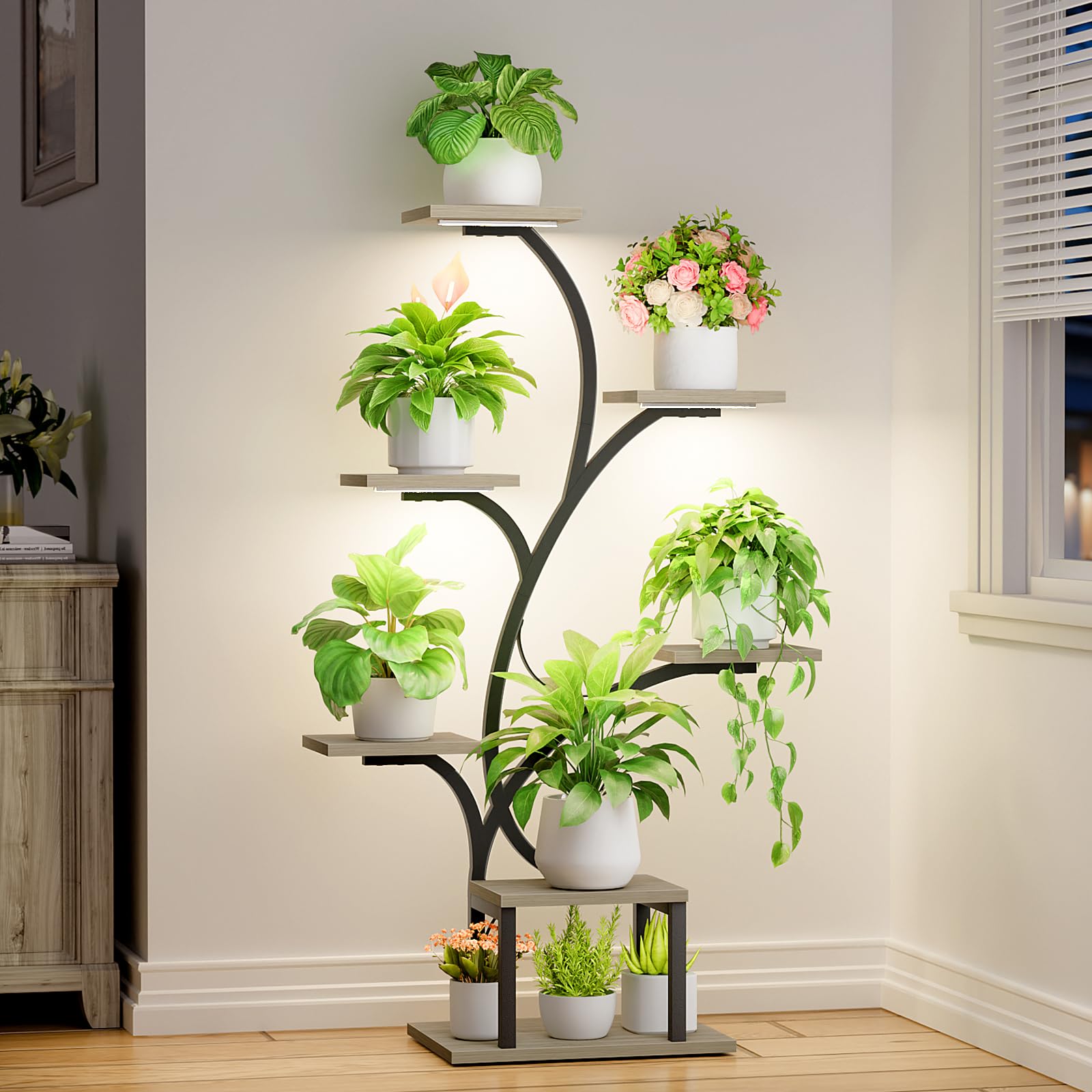 Brown Tree-Shaped 7-Tier Corner Metal Plant Stand 49" with Grow Lights for Indoor Home Patio Plants