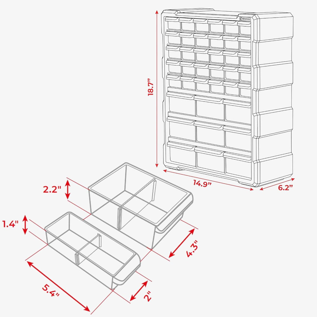 INTERTOOL Small Parts Organizer for Hardware & Screws | 39 Removable Bins with Dividers | Wall Mount or Desktop Craft & Lego Storage Cabinet | 19” x 15” x 6” BX08-4013