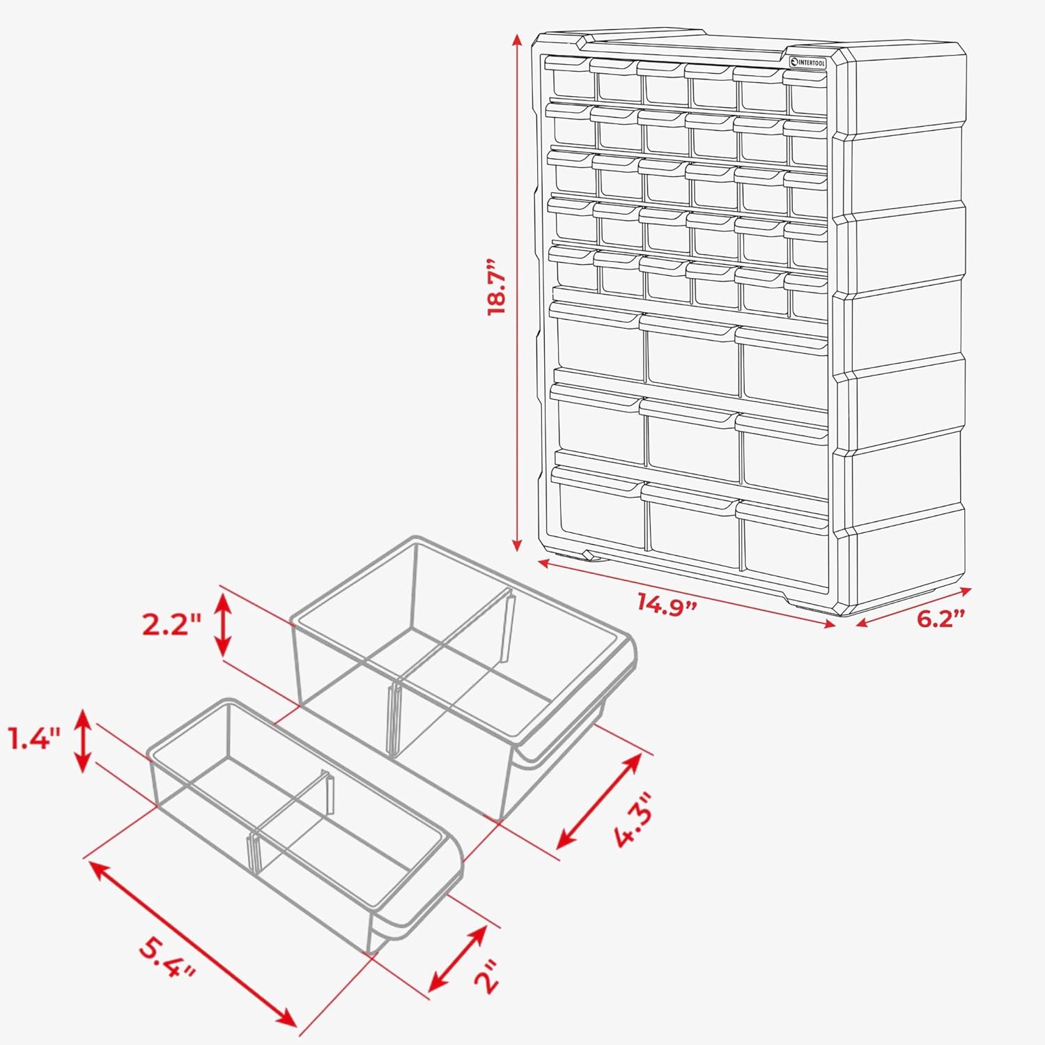 INTERTOOL Small Parts Organizer for Hardware & Screws | 39 Removable Bins with Dividers | Wall Mount or Desktop Craft & Lego Storage Cabinet | 19” x 15” x 6” BX08-4013