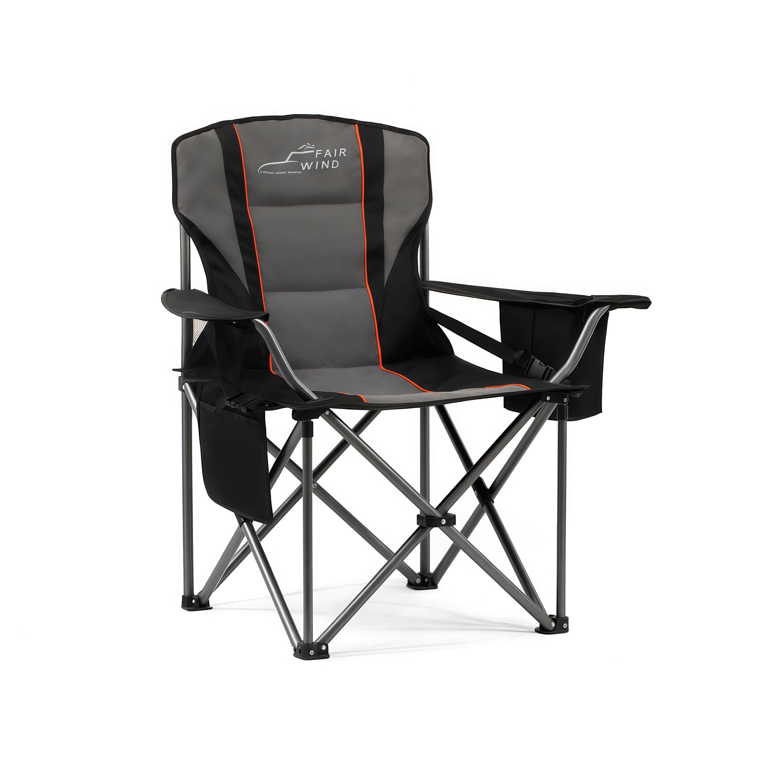 FAIR WIND Oversized Padded Camping Chair with Footrest Stool Set Heavy Duty Support 300 LBS Cooler Bag - Black