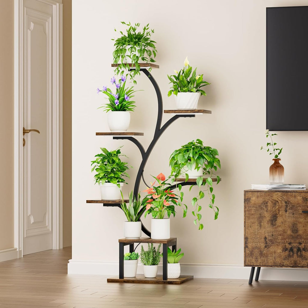 Brown Tree-Shaped 7-Tier Corner Metal Plant Stand 49" with Grow Lights for Indoor Home Patio Plants