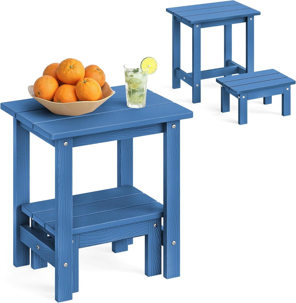 LUE BONA Outdoor Side Table, 2-Tier HDPS Outdoor Nesting End Table with Removable Small Foot Stool for Patio, Deck, Poolside, Low Maintenance & Weather Resistant, Navy