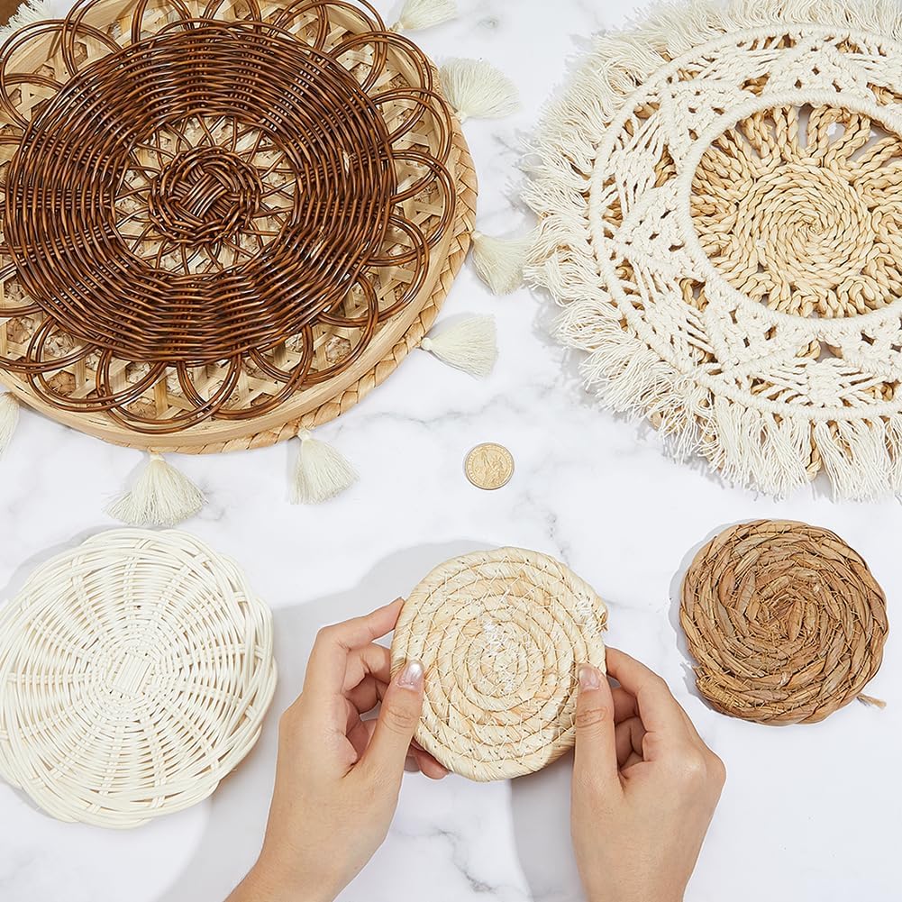PH PandaHall Set of 8 Boho Wall Basket Decor, Woven Rattan Hanging Baskets Flat Round Handmade Rustic Wall Art Set for Living Room Bedroom Office Kitchen Hotel Wedding Party Decoration, 4.3-15.5inch