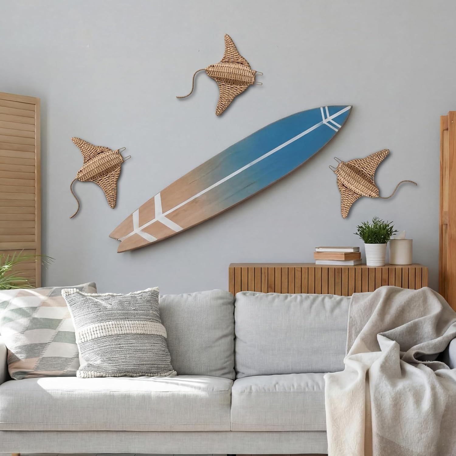 Xuhal 3 Pcs Wicker Sea Wall Decor Large Manta Ray Hanging Decor 12 Inch Handmade Coastal Wall Art for Underwater World Wicker Nautical Sculpture Beach Ocean Boho Bathroom Indoor Outdoor Ornament