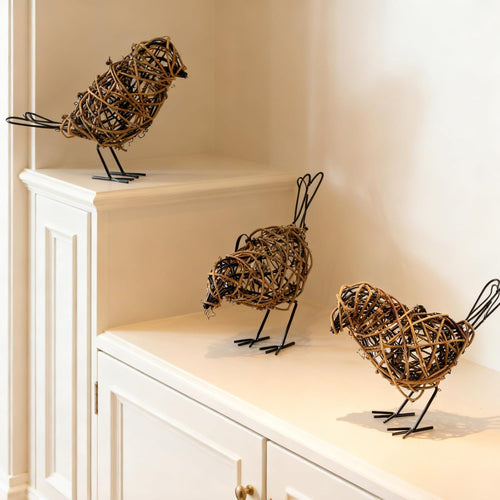 3-Piece Rattan Bird Statue Set - Handwoven Farmhouse Bird Decor for Home, Mantel Decor, Living Room Shelf and Kitchen Table Accents
