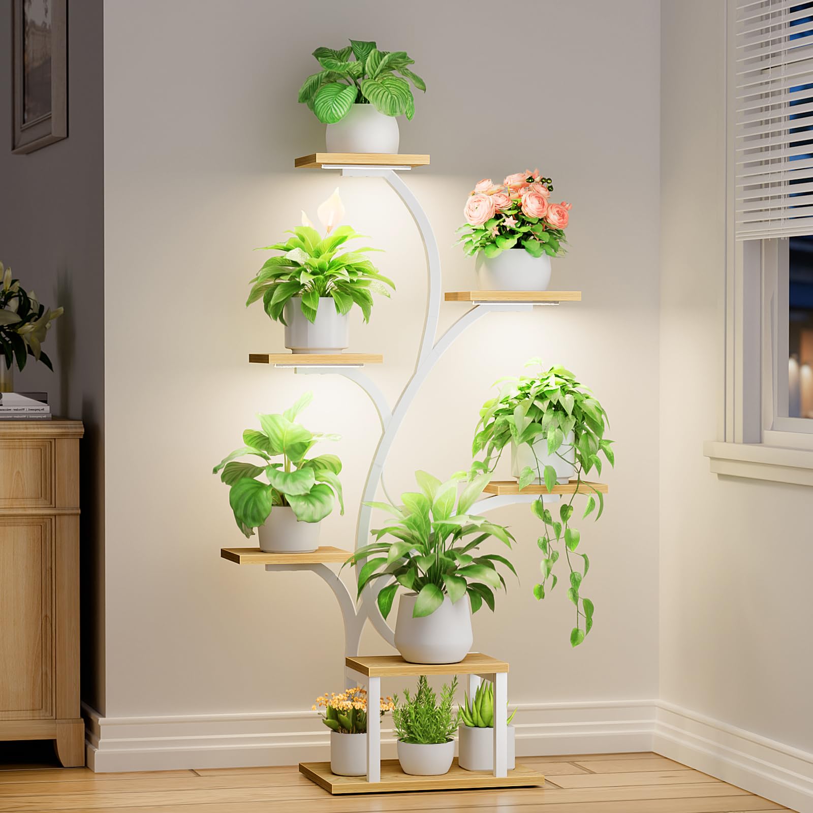 Brown Tree-Shaped 7-Tier Corner Metal Plant Stand 49" with Grow Lights for Indoor Home Patio Plants