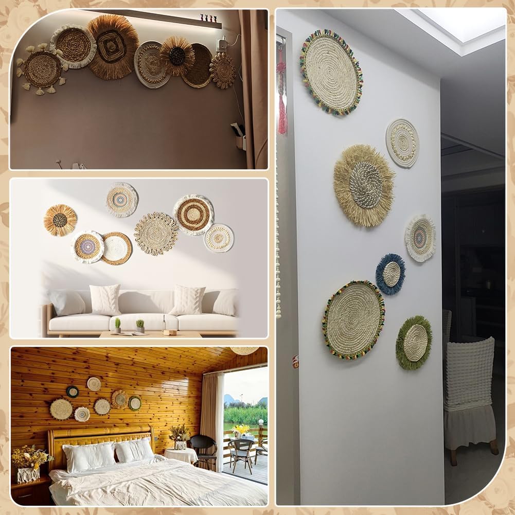 PH PandaHall Set of 8 Boho Wall Basket Decor, Woven Rattan Hanging Baskets Flat Round Handmade Rustic Wall Art Set for Living Room Bedroom Office Kitchen Hotel Wedding Party Decoration, 4.3-15.5inch
