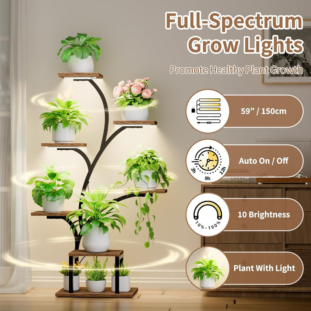 Brown Tree-Shaped 7-Tier Corner Metal Plant Stand 49" with Grow Lights for Indoor Home Patio Plants