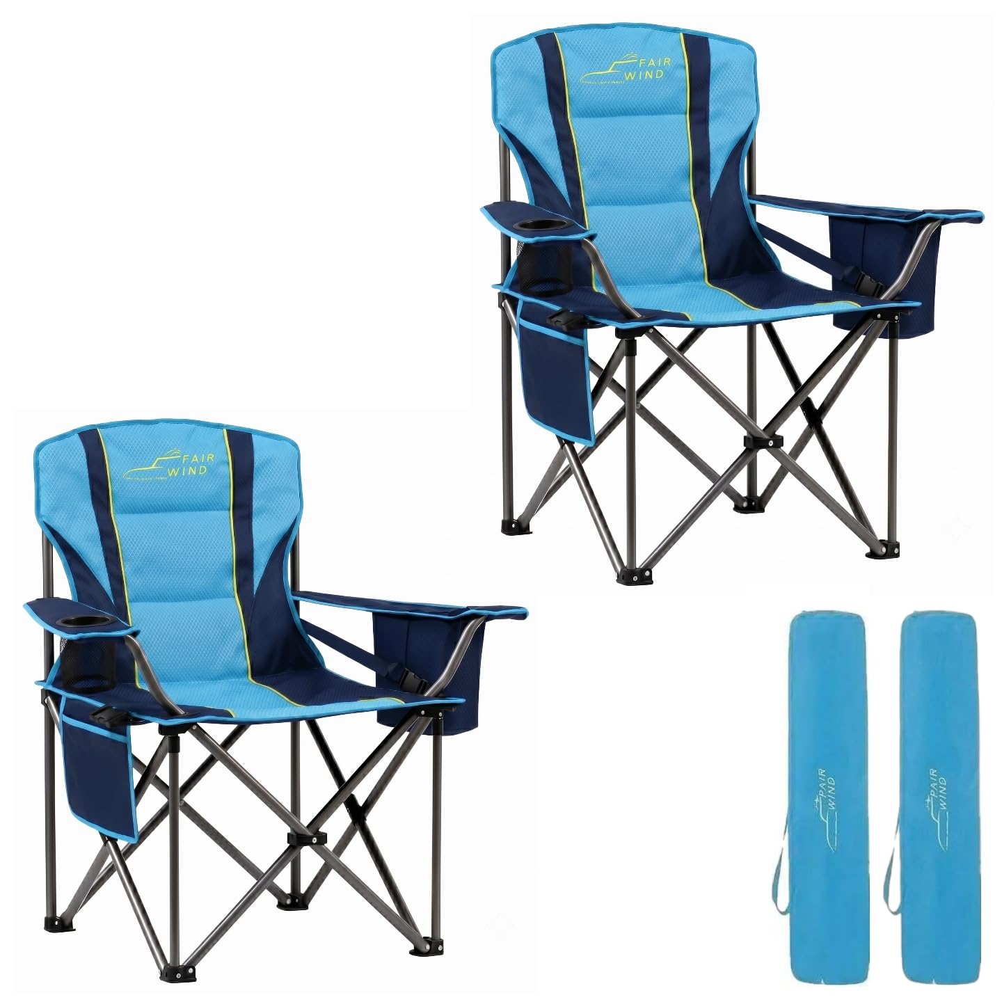 FAIR WIND Oversized Padded Camping Chair with Footrest Stool Set Heavy Duty Support 300 LBS Cooler Bag - Black