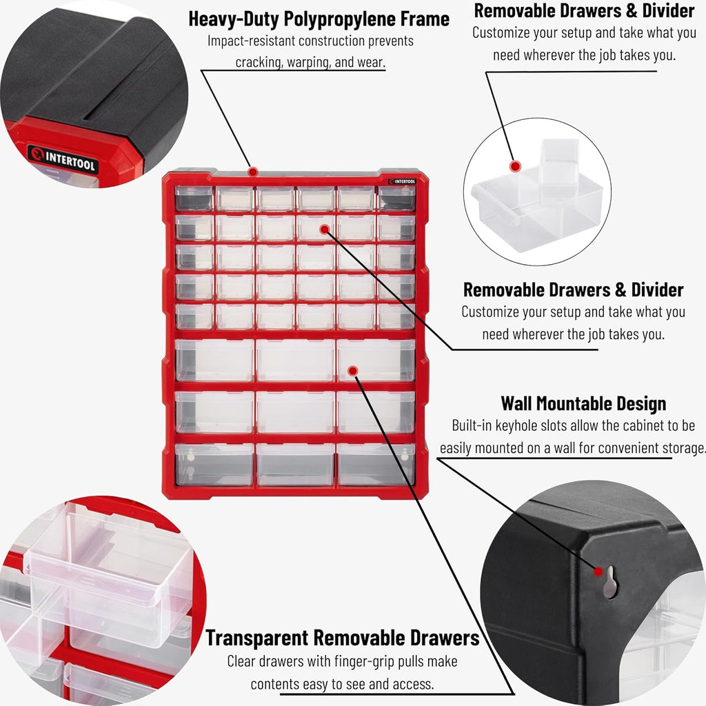 INTERTOOL Small Parts Organizer for Hardware & Screws | 39 Removable Bins with Dividers | Wall Mount or Desktop Craft & Lego Storage Cabinet | 19” x 15” x 6” BX08-4013