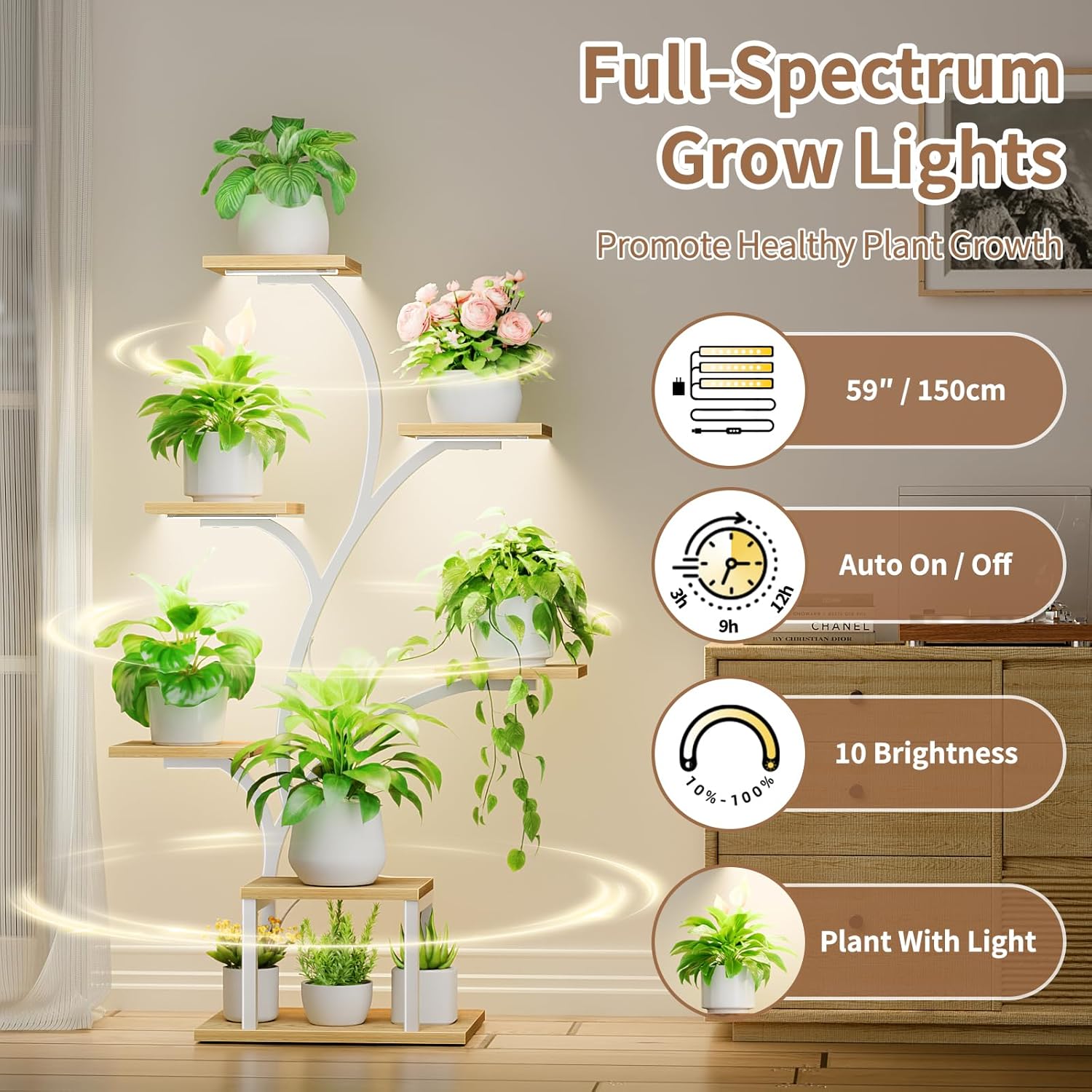 BACEKOLL Plant Stand Indoor with Grow Lights, 7 Tiered Indoor Plant Shelf, 49" Corner Plant Stands for Indoor Plants, Metal Plant Flower Display Shelf, Tree-Shaped Plant Rack for Home, Patio, Natural