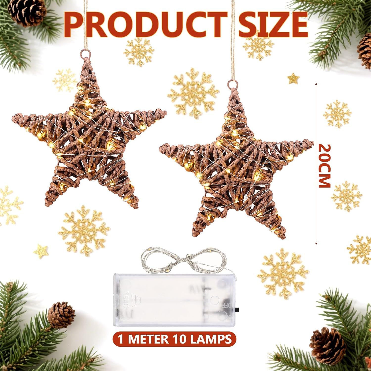 AceOrbit 3 Pack Christmas Rattan Star Ornaments Rattan Star with LED Lighted Hanging Tree Ornaments Natural Brown Table Centerpiece for Xmas Tree Party Wedding Pentagram Home Decoration, 7.87 Inch