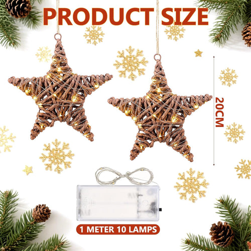 AceOrbit 3 Pack Christmas Rattan Star Ornaments Rattan Star with LED Lighted Hanging Tree Ornaments Natural Brown Table Centerpiece for Xmas Tree Party Wedding Pentagram Home Decoration, 7.87 Inch