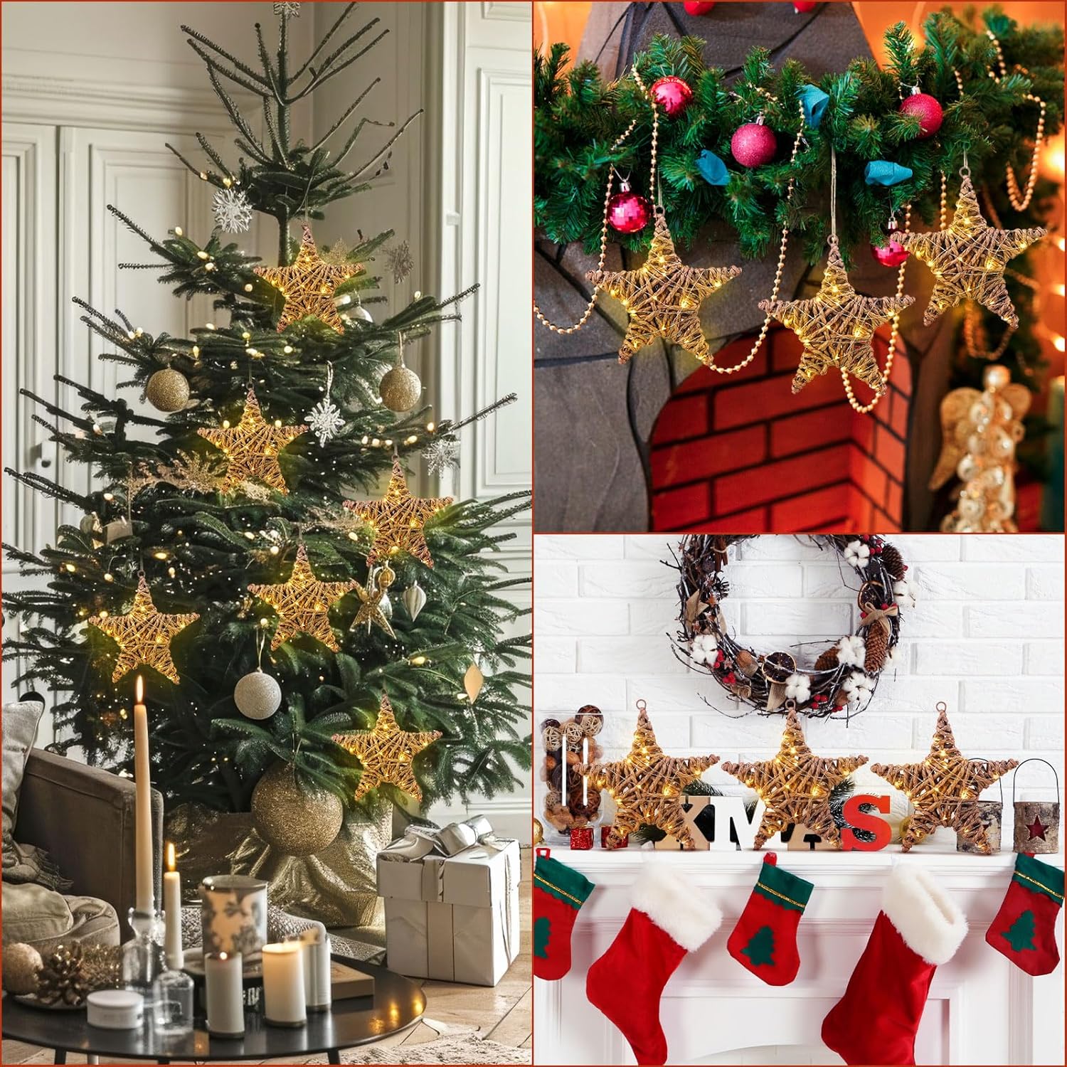 AceOrbit 3 Pack Christmas Rattan Star Ornaments Rattan Star with LED Lighted Hanging Tree Ornaments Natural Brown Table Centerpiece for Xmas Tree Party Wedding Pentagram Home Decoration, 7.87 Inch