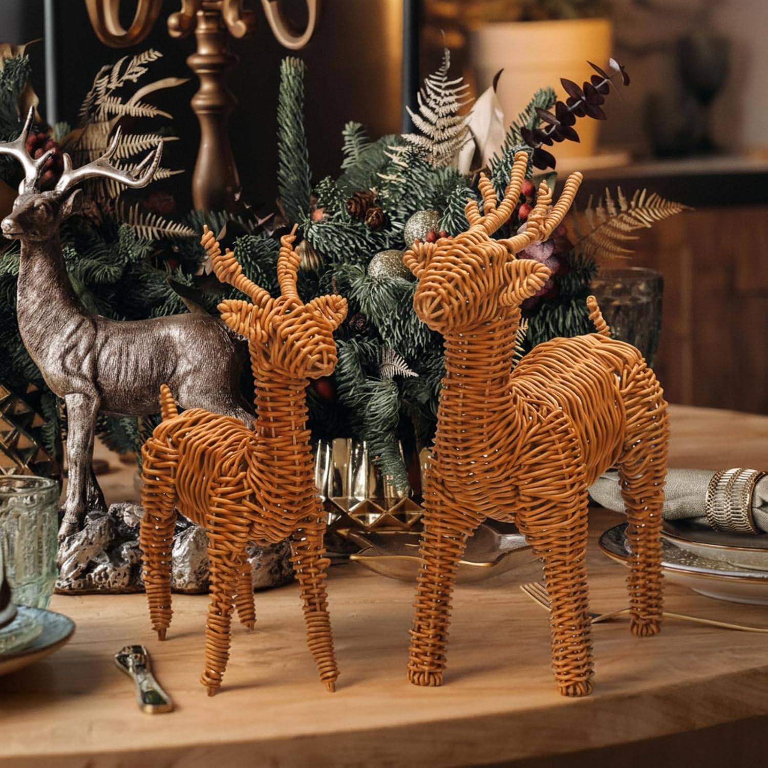 Bucherry 2 Pcs Rattan Woven Christmas Reindeer Decor Brown Christmas Tabletop Deer Statue Centerpiece Ornaments for Farmhouse Mantel Fireplace Living Room Bedroom Outdoor Decor