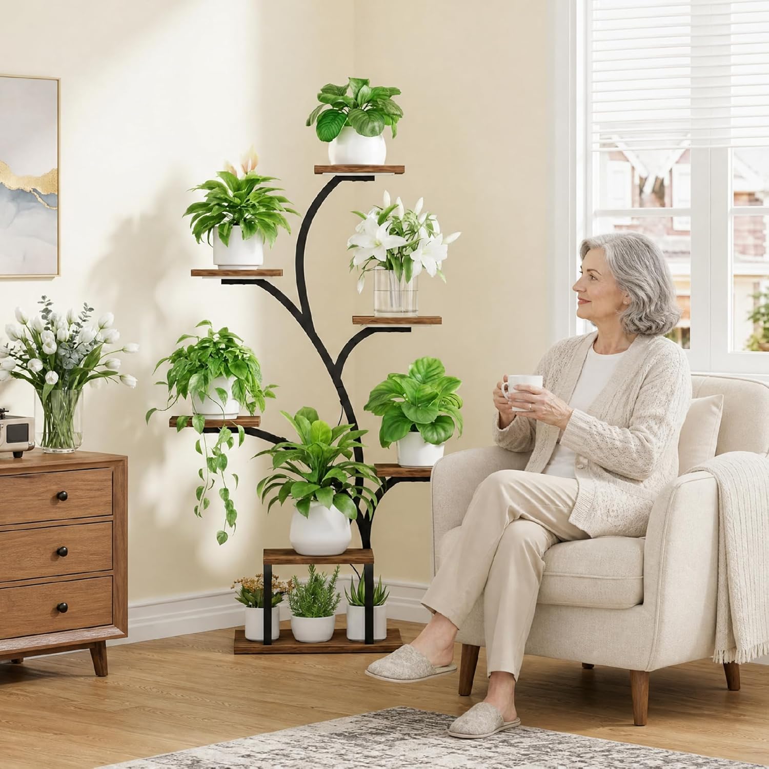 Brown Tree-Shaped 7-Tier Corner Metal Plant Stand 49" with Grow Lights for Indoor Home Patio Plants