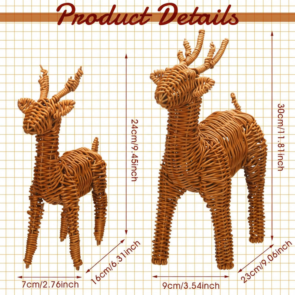 Bucherry 2 Pcs Rattan Woven Christmas Reindeer Decor Brown Christmas Tabletop Deer Statue Centerpiece Ornaments for Farmhouse Mantel Fireplace Living Room Bedroom Outdoor Decor