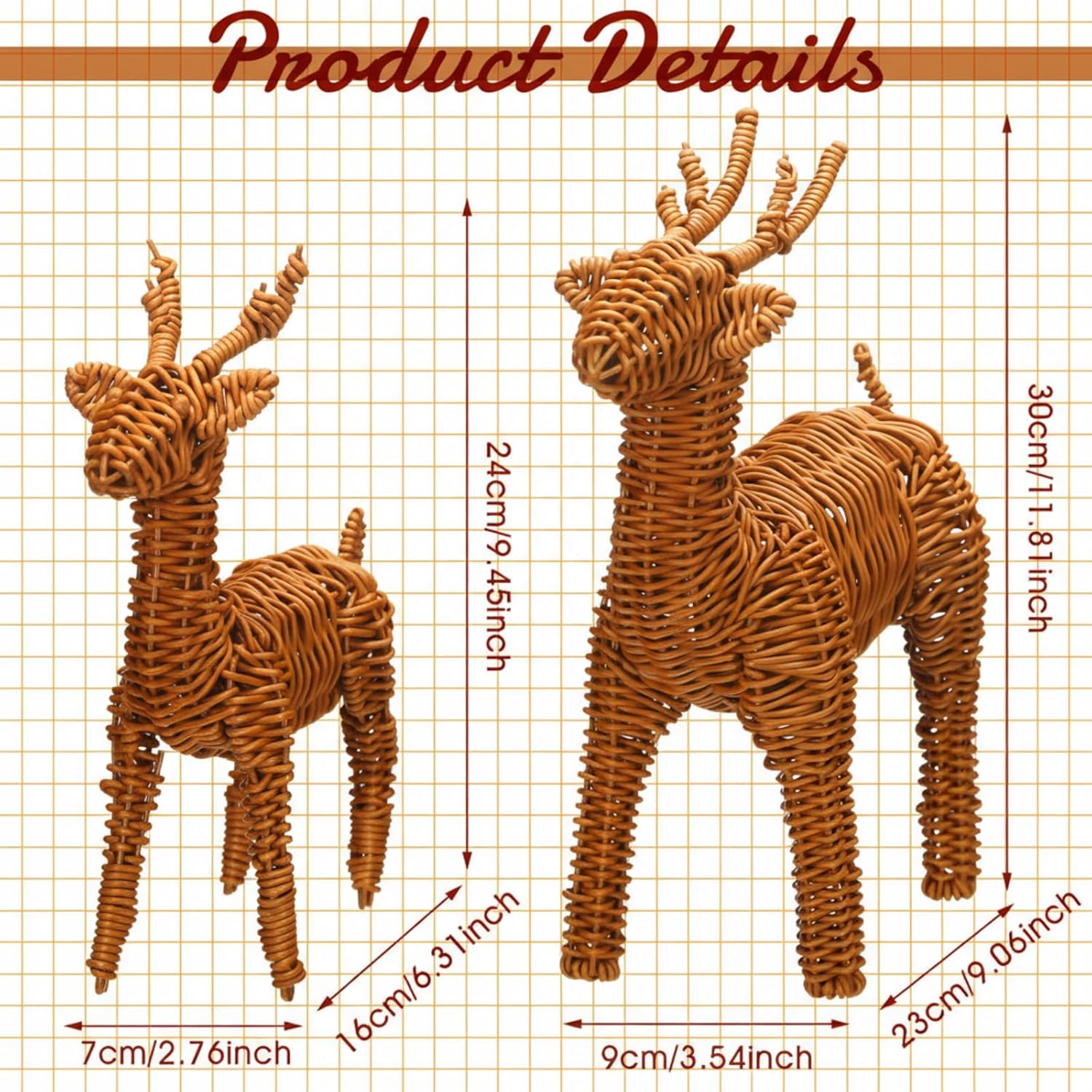 Bucherry 2 Pcs Rattan Woven Christmas Reindeer Decor Brown Christmas Tabletop Deer Statue Centerpiece Ornaments for Farmhouse Mantel Fireplace Living Room Bedroom Outdoor Decor