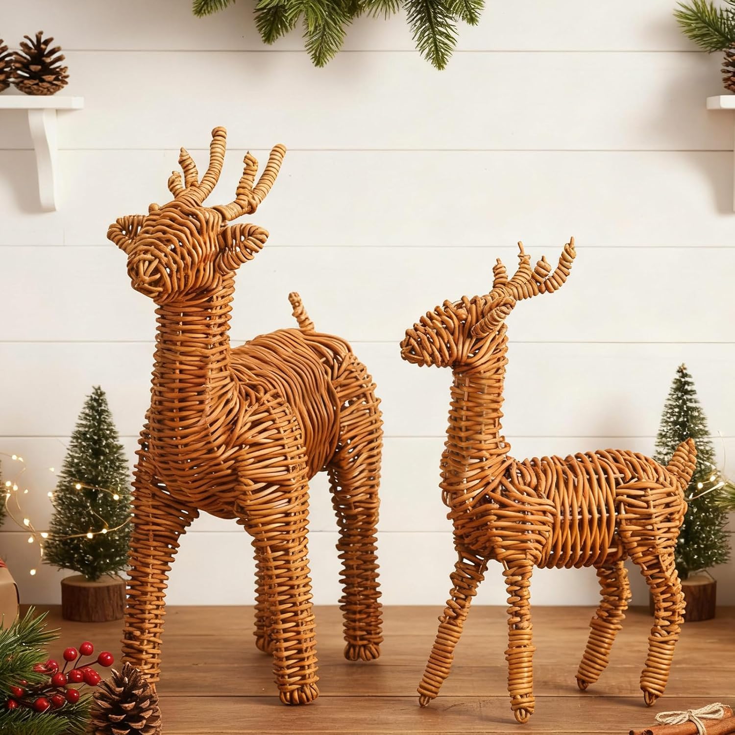 Bucherry 2 Pcs Rattan Woven Christmas Reindeer Decor Brown Christmas Tabletop Deer Statue Centerpiece Ornaments for Farmhouse Mantel Fireplace Living Room Bedroom Outdoor Decor