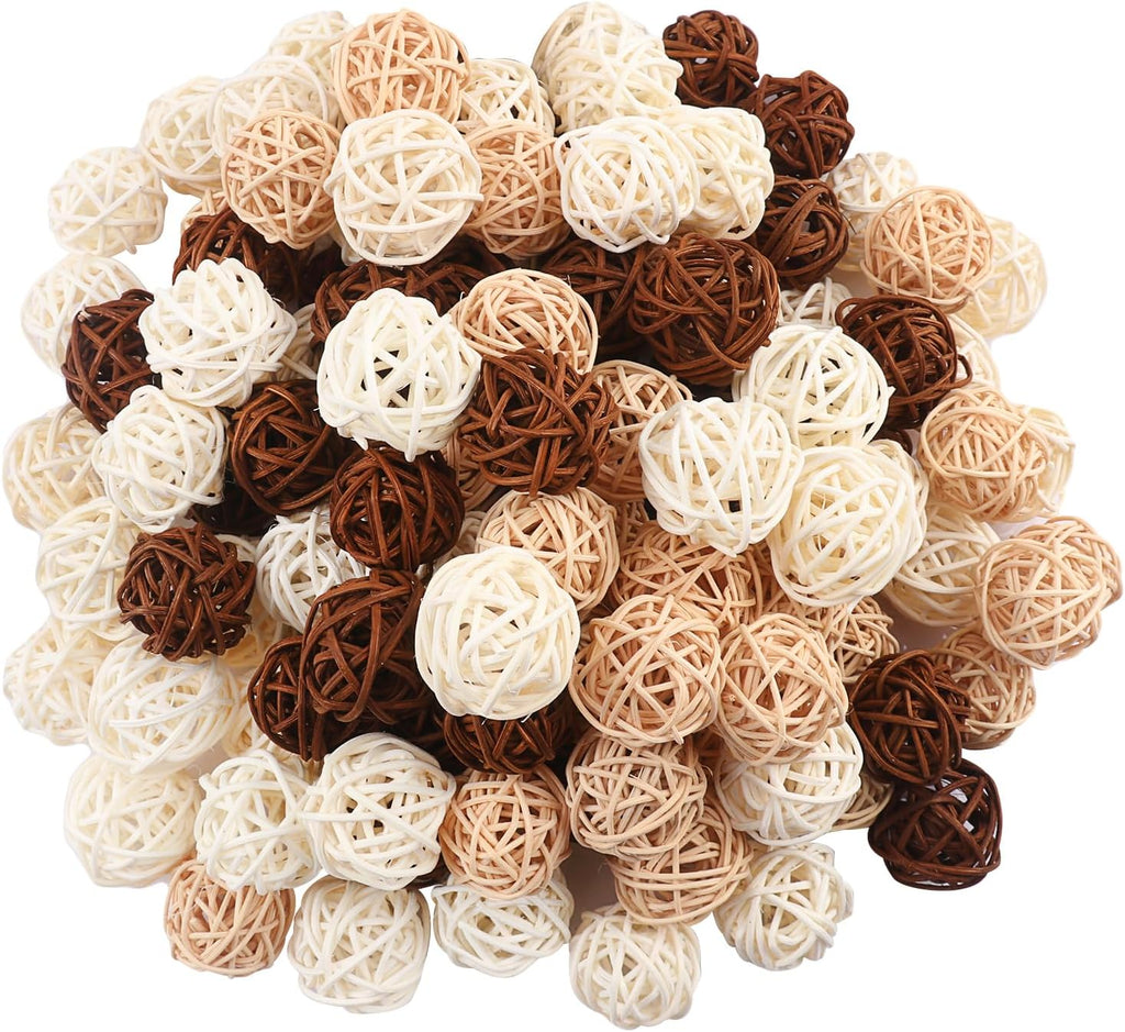 120 PCS 3-Colors 1.2 inch Natural Decorative Wicker Rattan Balls, Mini Hanging Rattan Balls Vase Fillers for Christmas, Ornaments DIY, Parrot and Party Decorations