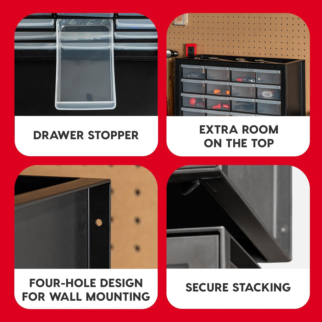 Black 24-Drawer Plastic Storage Organizer Made in USA for Tools Crafts Bricks Small Business Supplies