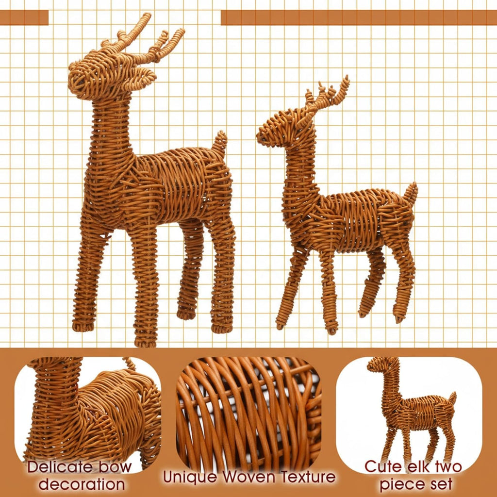 Bucherry 2 Pcs Rattan Woven Christmas Reindeer Decor Brown Christmas Tabletop Deer Statue Centerpiece Ornaments for Farmhouse Mantel Fireplace Living Room Bedroom Outdoor Decor