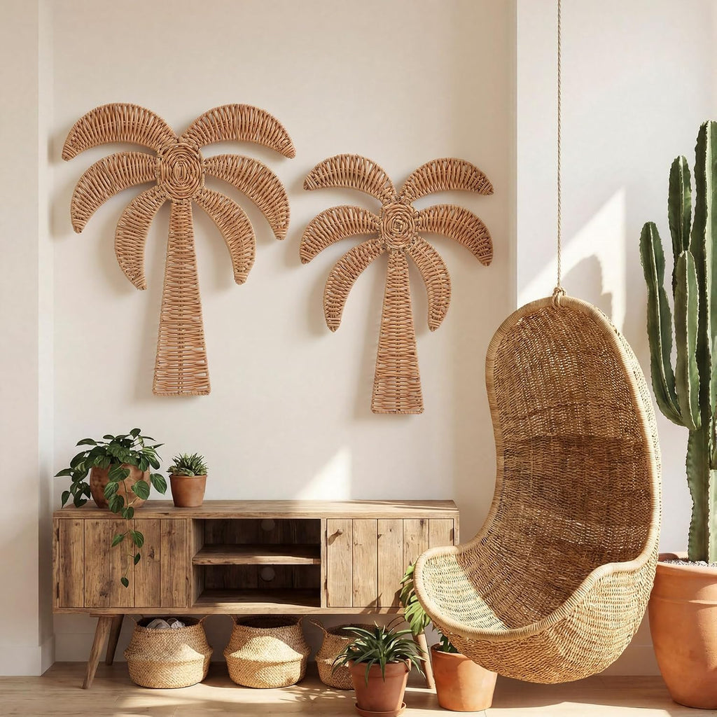 Cinnvoice 2 Pcs Summer Rattan Palm Tree Wall Decor Coastal Tropical Beach Wall Hanging Decorations for Boho Living Room Bathroom Bedroom Patio Party Decorations (19.7'' and 14'')