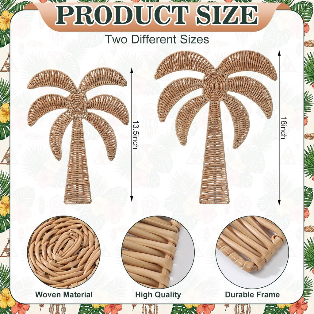 Cinnvoice 2 Pcs Summer Rattan Palm Tree Wall Decor Coastal Tropical Beach Wall Hanging Decorations for Boho Living Room Bathroom Bedroom Patio Party Decorations (19.7'' and 14'')