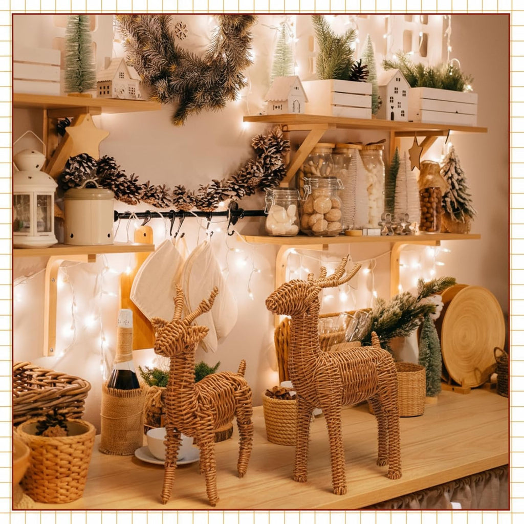 Bucherry 2 Pcs Rattan Woven Christmas Reindeer Decor Brown Christmas Tabletop Deer Statue Centerpiece Ornaments for Farmhouse Mantel Fireplace Living Room Bedroom Outdoor Decor
