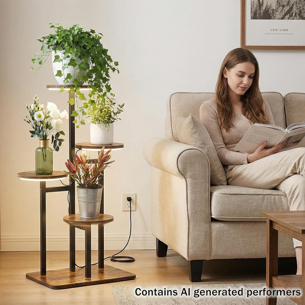 4 Tier Plant Stand Indoor with Grow Light, Tiered Plant Stands for Indoor Plants Multiple, Corner Flower Stand for Living Room, Multi-Layer Vintage Design Plant Shelf