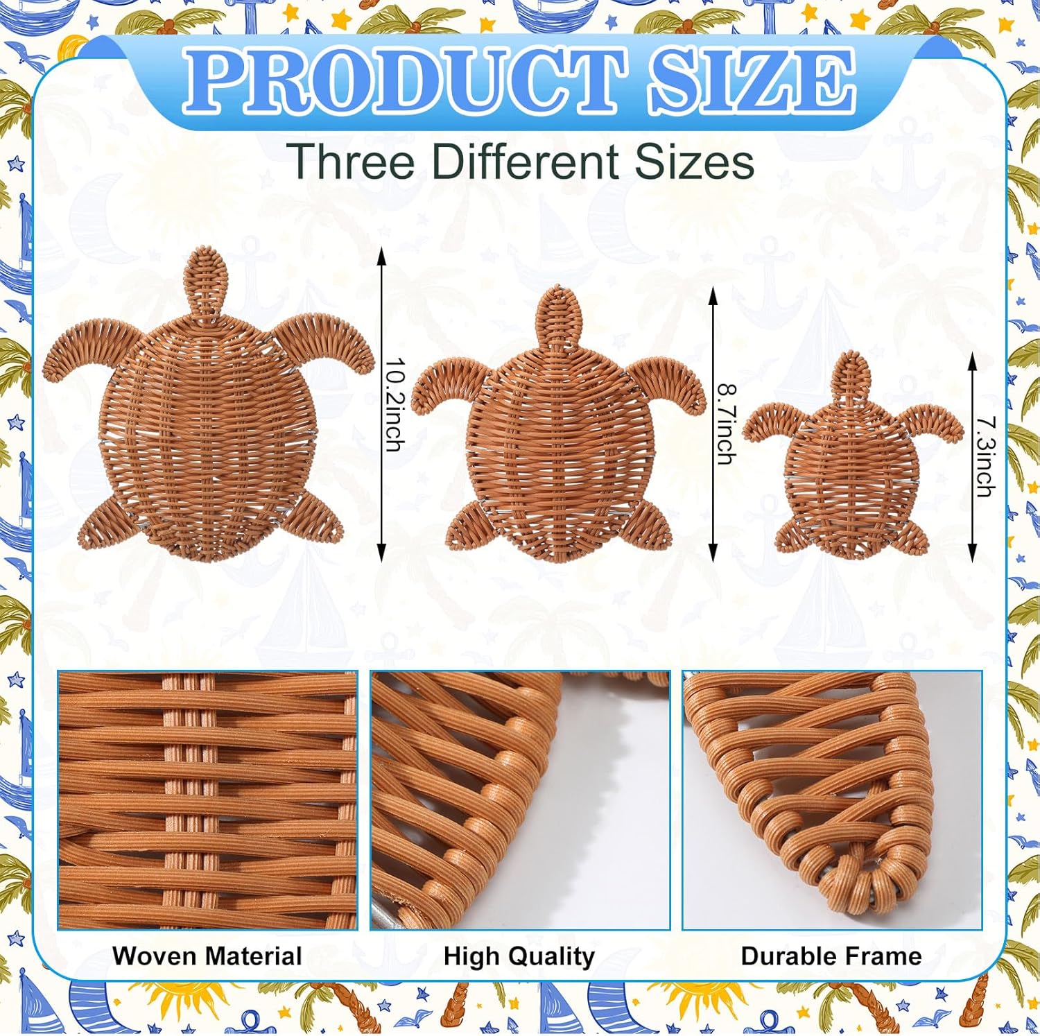 3 Size Handmade Wicker Sea Turtle Wall Decor Coastal Boho Rattan Ornament for Indoor Outdoor Home Party