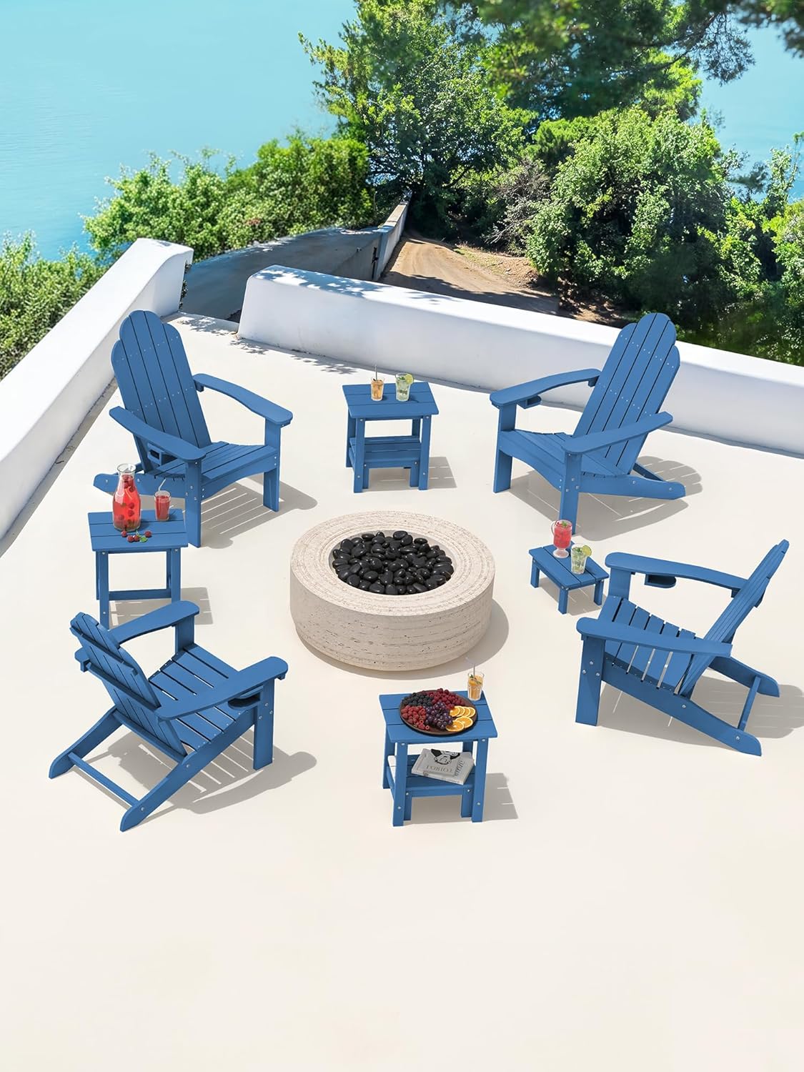 LUE BONA Outdoor Side Table, 2-Tier HDPS Outdoor Nesting End Table with Removable Small Foot Stool for Patio, Deck, Poolside, Low Maintenance & Weather Resistant, Navy