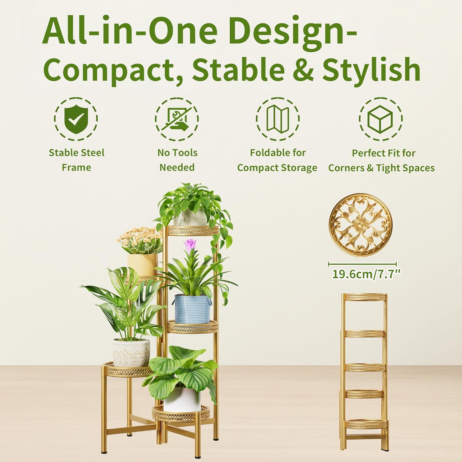 Gold Plant Stand Indoor Outdoor, Corner Metal Flower Pot Stands for Multiple Plants, 5 Tier Heavy Duty Plant Shelf for Patio Garden Balcony Living Room Bedroom - GoldWave
