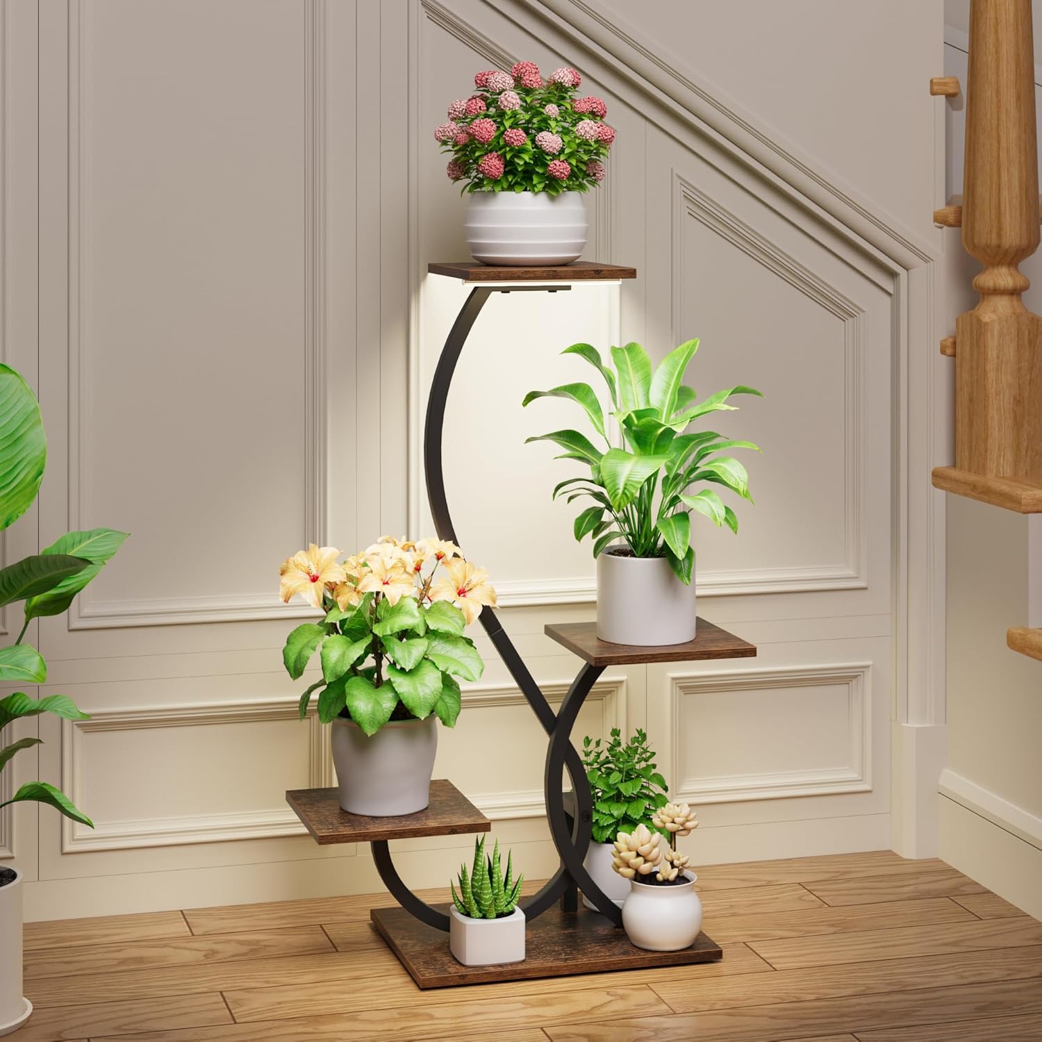 BACEKOLL Plant Stand Indoor with Grow Lights - S-Shaped Plant Shelf, Lighted Corner Plant Stands for Indoor Growing, 32" Metal Flower Holder, 4 Tiered Decorative Shelves for Home, Hallway, Black