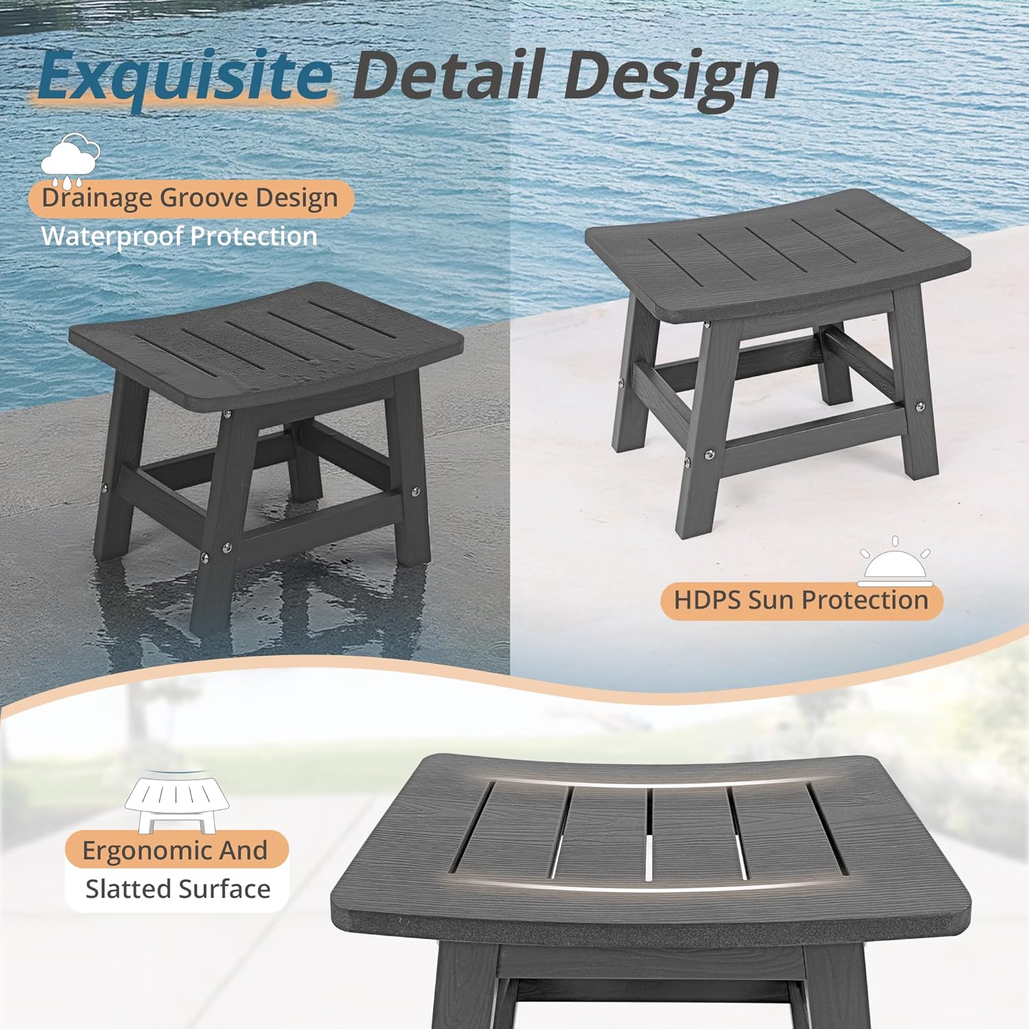 LUE BONA Outdoor Adirondack Ottomans, Footrest Footstool, Outdoor Foot Rest for Patio, HDPS All Weather Waterproof Footrest Footstool for Adirondack Chair, Dark Gray