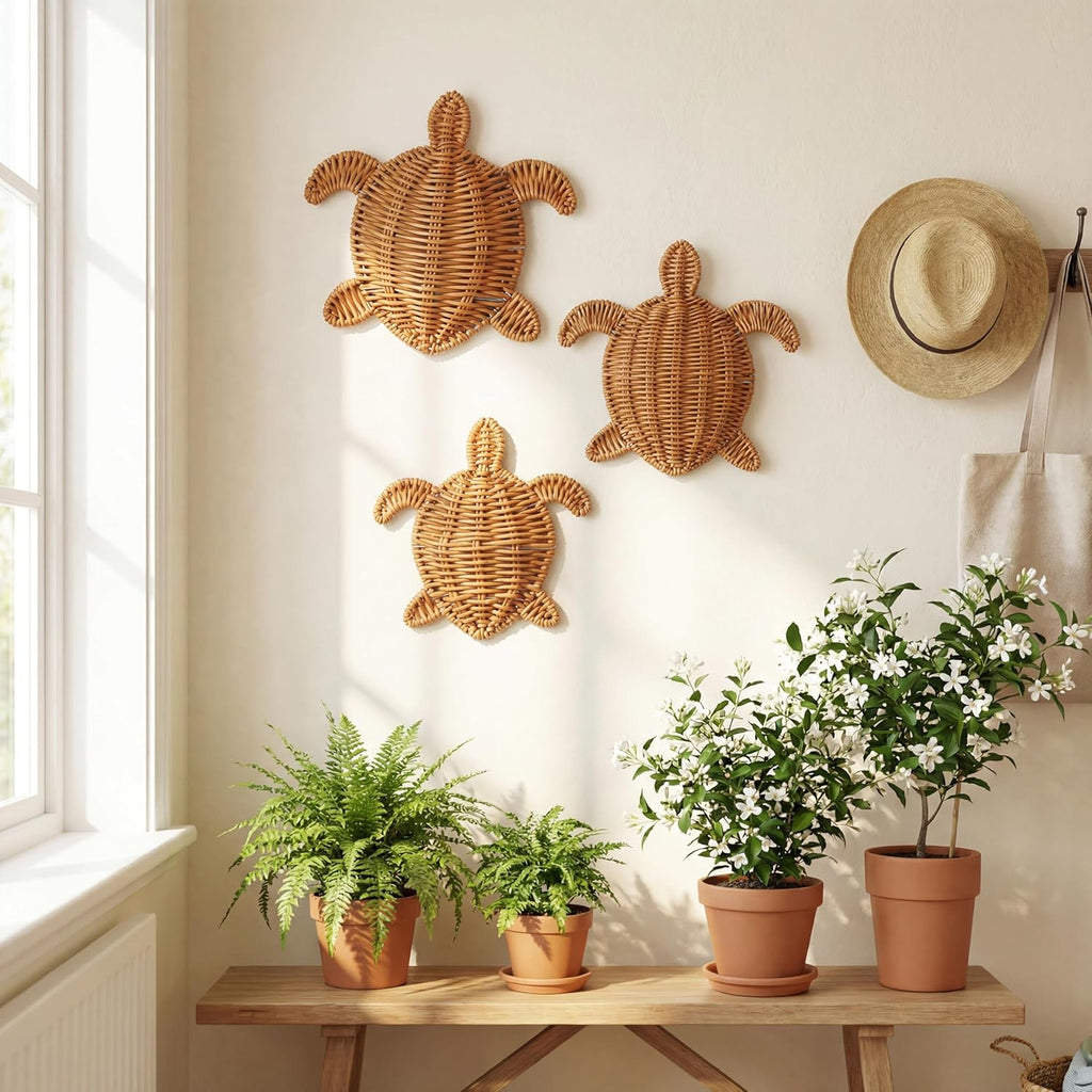 3 Size Handmade Wicker Sea Turtle Wall Decor Coastal Boho Rattan Ornament for Indoor Outdoor Home Party