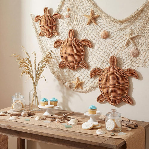 3 Size Handmade Wicker Sea Turtle Wall Decor Coastal Boho Rattan Ornament for Indoor Outdoor Home Party